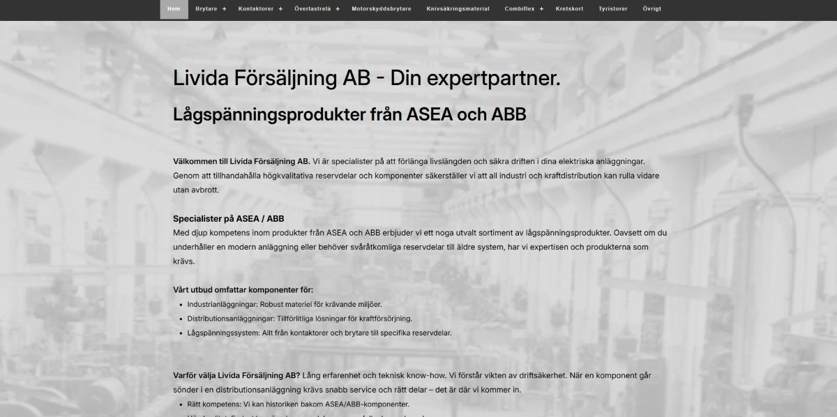 Webbplats för Livida Försäljning AB — industriell produktkatalog